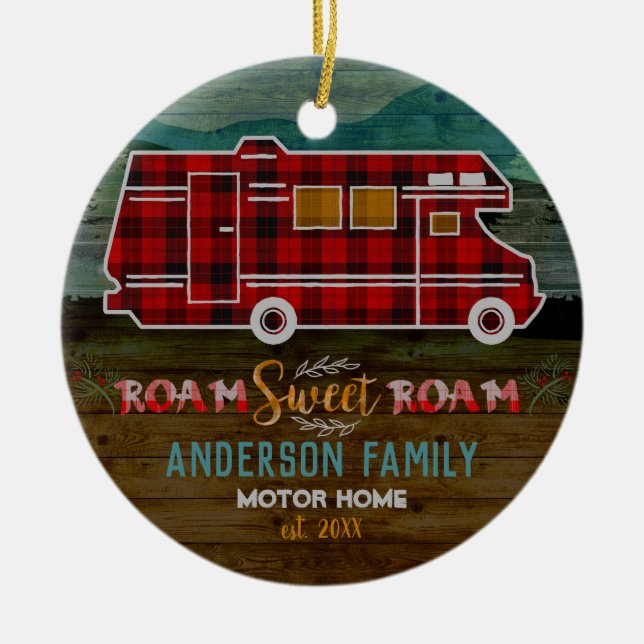 Motorhome RV Camper Travel Van Rustic Personalised Ceramic Tree Decoration (Front)
