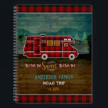 Motorhome RV Camper Travel Van Rustic Personalised Notebook<br><div class="desc">This custom notebook design with a rustic look is perfect for your home-away-from-home on wheels. It shows a red plaid motor home | camper. The RV travels over a background that had a wood grain look with mountains and pine trees. The original text says, "Roam Sweet Roam." Use the easy...</div>