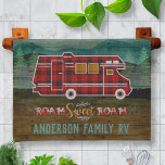 Motorhome RV Camper Travel Van Rustic Personalised Tea Towel<br><div class="desc">This custom design with a rustic look is perfect for your home-away-from-home on wheels. It shows a red plaid motor home | camper. The RV travels over a background that had a wood grain look with mountains and pine trees. The original text says, "Roam Sweet Roam." Use the easy template...</div>