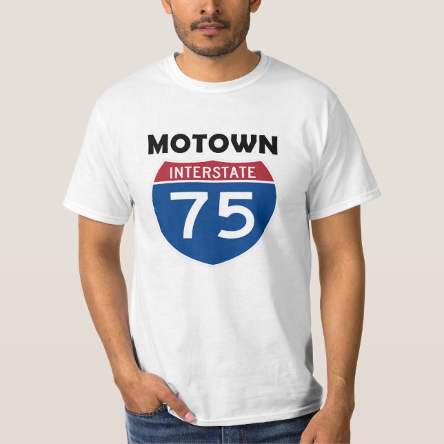 Motown I-75 Road Sign Detroit Michigan T-Shirt (Front)