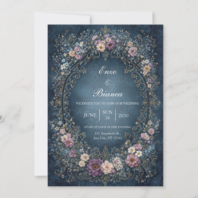 Mottled Indigo Royal Ornate Oval Wedding Invitation (Front)
