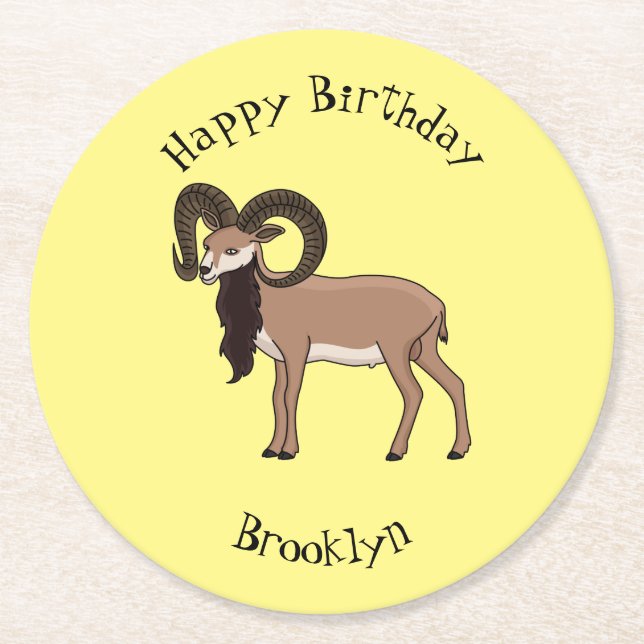 Mouflon goat illustration round paper coaster (Front)
