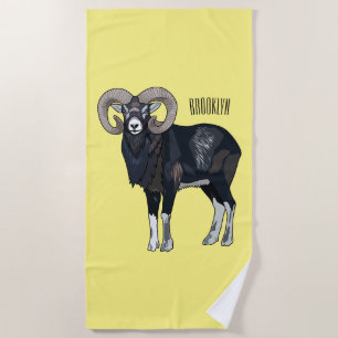 Mouflon sheep cartoon illustration beach towel