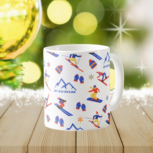Mount Bachelor Oregon Ski Snowboard Pattern Coffee Mug (Mount Bachelor Oregon ski snowboard winter snow vacation christmas holidays mug)
