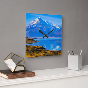 Mount Cook Overlooking Lake Pukaki, NZ Square Wall Clock