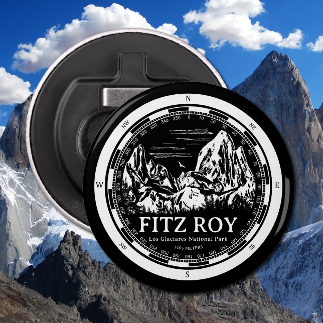 Mount Fitz Roy - Cerro Chaltén South America Bottle Opener (Mount Fitz Roy Bottlel Opener in Back with a white compass and mountain illustration)