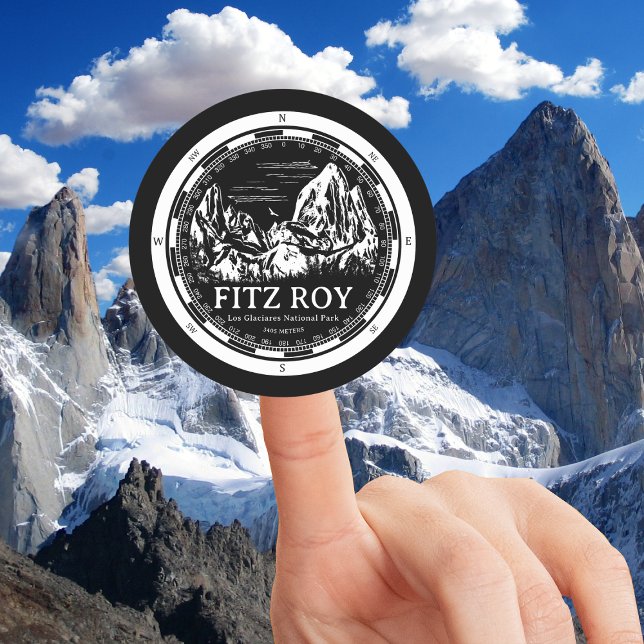 Mount Fitz Roy - Cerro Chaltén South America Classic Round Sticker (Mount Fitz Roy Round Sticker in Back with a white compass and mountain illustration)