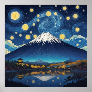 mount fuji at starry night poster