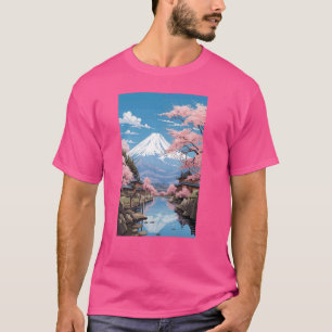 Mount Fuji Japan Art With Sakura Flowers T-Shirt