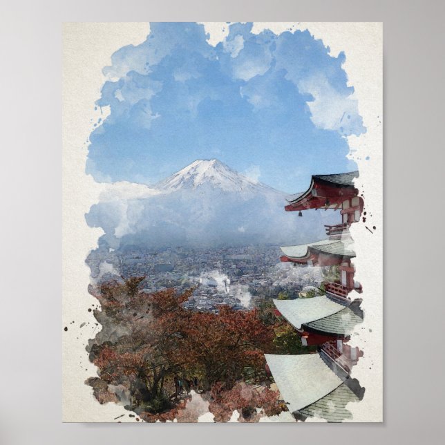 Mount Fuji Japan Watercolor Art  Poster (Front)