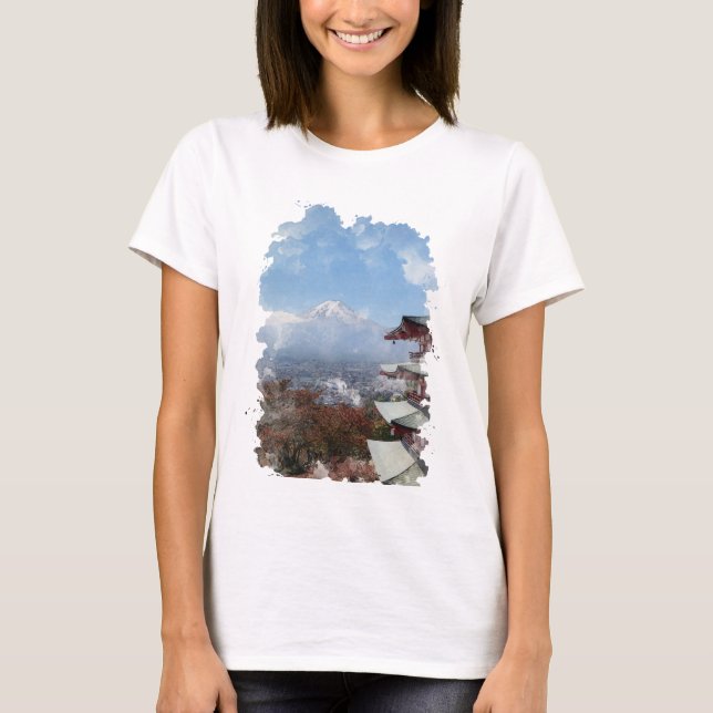 Mount Fuji Japan Watercolor Art T-Shirt (Front)