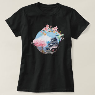 Mount Fuji Japan with Temple and Sakura tree T-Shirt