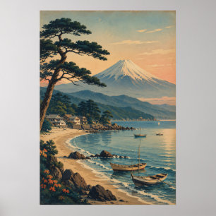 Mount Fuji Moonlit Beach Vintage Japanese Landscap Poster