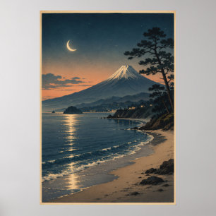 Mount Fuji Moonlit Beach Vintage Japanese Landscap Poster