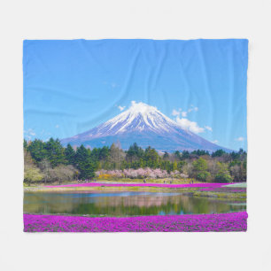 Mount Fuji Trees and Flowers Fleece Blanket