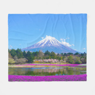 Mount Fuji Trees and Flowers Fleece Blanket