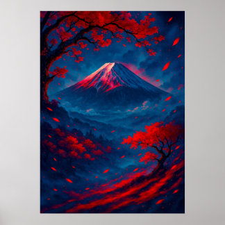 Mount Fuji with Red Blossoms Fantasy Japanese Poster