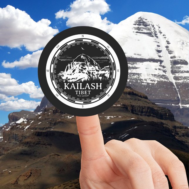 Mount Kailash - Gang Rinpoche Tibet Classic Round Sticker (Mount Kailash - Gang Rinpoche Round Sticker in Back with a white compass and mountain illustration)