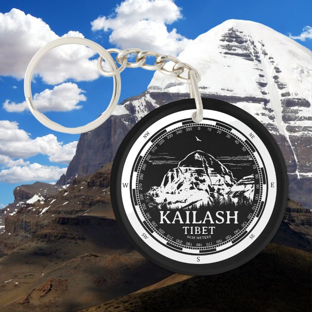 Mount Kailash - Gang Rinpoche Tibet Key Ring (Mount Kailash - Gang Rinpoche Keychain in Back with a white compass and mountain illustration)