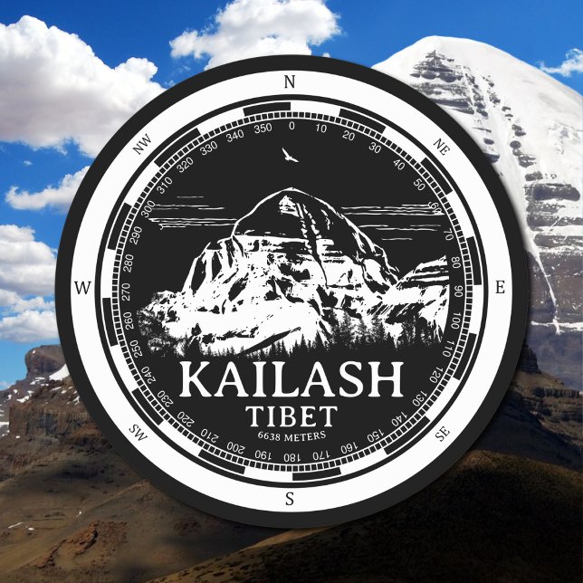 Mount Kailash - Gang Rinpoche Tibet Round Paper Coaster (Mount Kailash - Gang Rinpoche Coaser in Back with a white compass and mountain illustration)