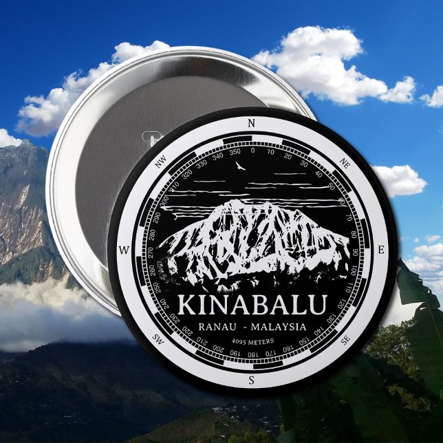 Mount Kinabalu - Ranau Malaysia Sabah Illustration 10 Cm Round Badge (Mount Kinabalu Malaysia Button in Back with a white compass and mountain illustration)