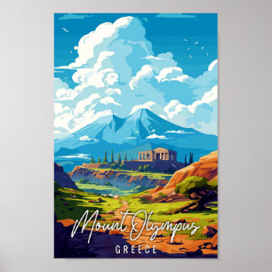 Mount Olympus Greece vintage travel illustration Poster