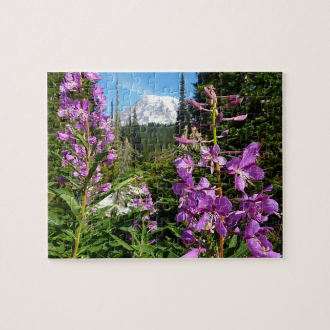 Mount Rainier Between Purple Phlox Flowers Jigsaw Puzzle (Horizontal)