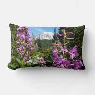 Mount Rainier Between Purple Phlox Flowers Lumbar Cushion