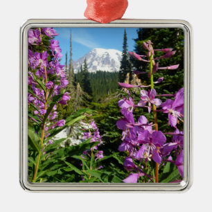 Mount Rainier Between Purple Phlox Flowers Metal Tree Decoration