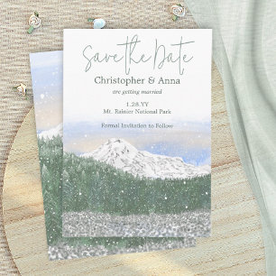 Mount Rainier, Falling Snow Wedding Save the Date Advice Card