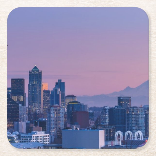 Mount Rainier in the background. Square Paper Coaster (Front)