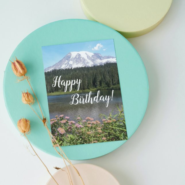 Mount Rainier Lake and Flowers Photo Birthday Card (In Situ)
