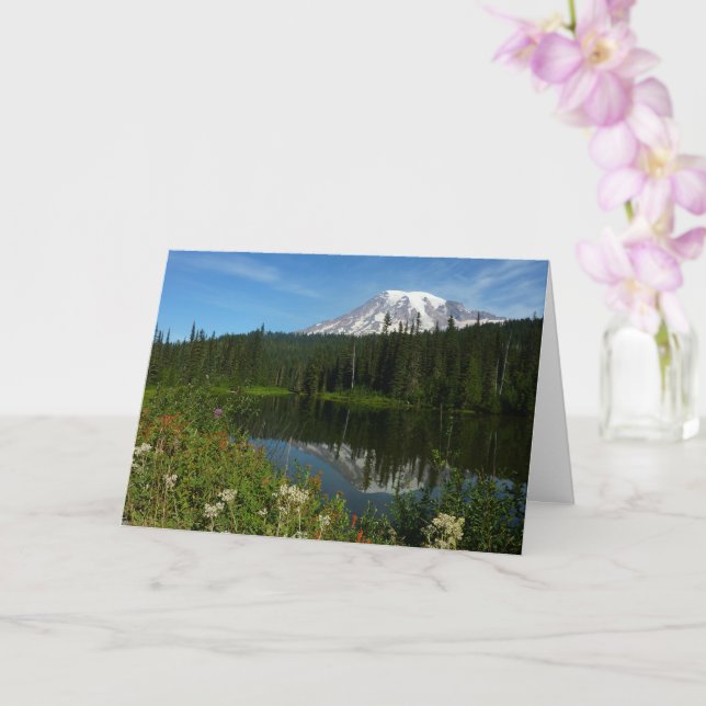 Mount Rainier Lake Reflection with Wildflowers Card (Orchid)
