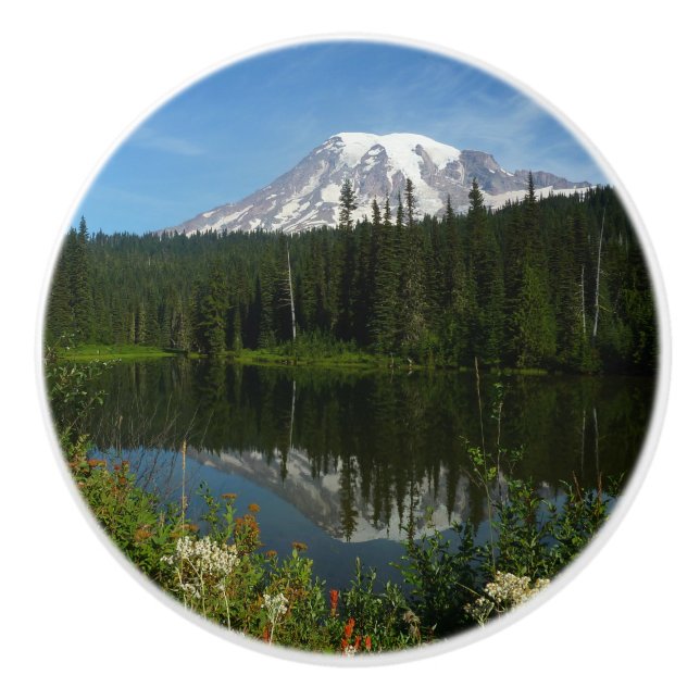 Mount Rainier Lake Reflection with Wildflowers Ceramic Knob (Front)