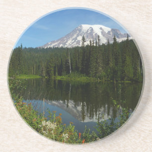 Mount Rainier Lake Reflection with Wildflowers Coaster