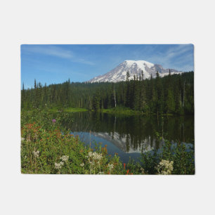 Mount Rainier Lake Reflection with Wildflowers Doormat