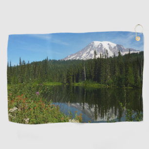 Mount Rainier Lake Reflection with Wildflowers Golf Towel