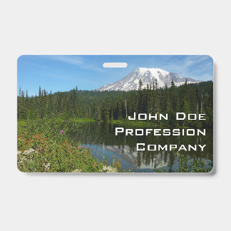Mount Rainier Lake Reflection with Wildflowers ID Badge