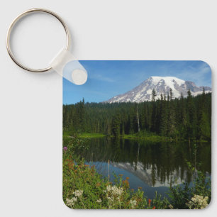 Mount Rainier Lake Reflection with Wildflowers Key Ring