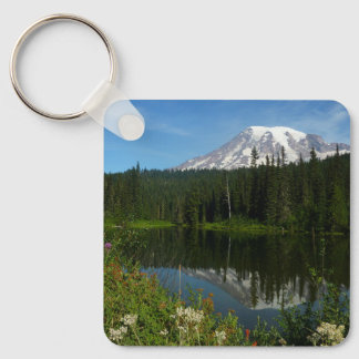 Mount Rainier Lake Reflection with Wildflowers Key Ring