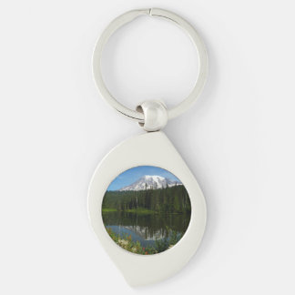 Mount Rainier Lake Reflection with Wildflowers Key Ring