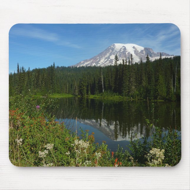 Mount Rainier Lake Reflection with Wildflowers Mouse Pad (Front)