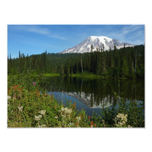 Mount Rainier Lake Reflection with Wildflowers Photo Print (Front)