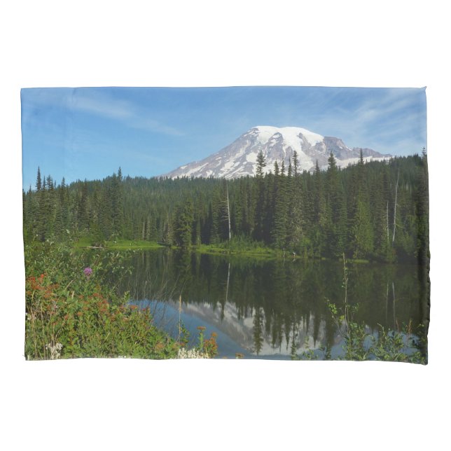 Mount Rainier Lake Reflection with Wildflowers Pillowcase (Front)