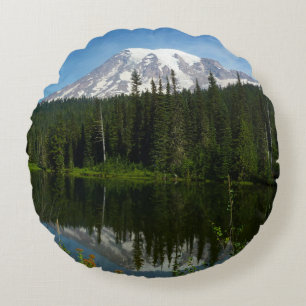 Mount Rainier Lake Reflection with Wildflowers Round Cushion