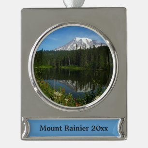 Mount Rainier Lake Reflection with Wildflowers Silver Plated Banner Ornament