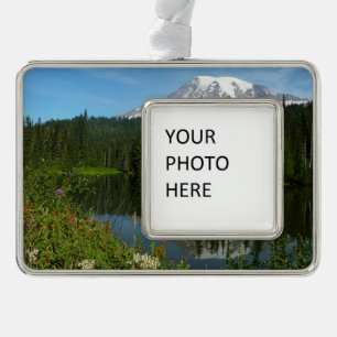 Mount Rainier Lake Reflection with Wildflowers Silver Plated Framed Ornament