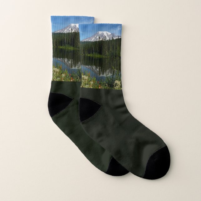 Mount Rainier Lake Reflection with Wildflowers Socks (Pair)
