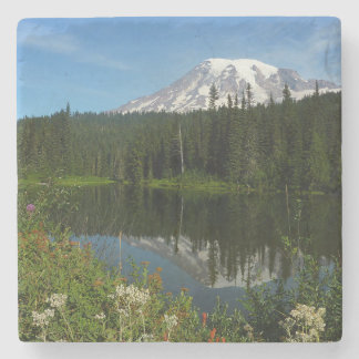 Mount Rainier Lake Reflection with Wildflowers Stone Coaster