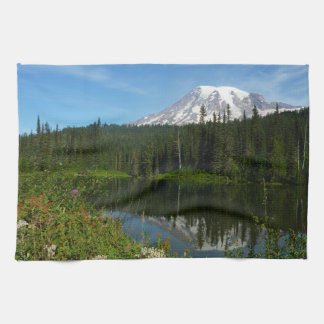 Mount Rainier Lake Reflection with Wildflowers Tea Towel